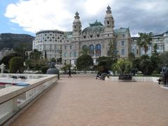 Seaside facade of Monte Carlo Casino Theatre with Hôtel de Paris Monte Carlo on the left and Casino on the right