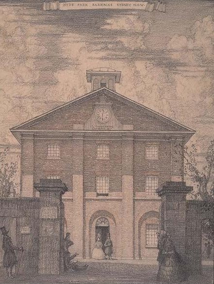 Hyde Park Barracks building in Sydney drawn by Hardy Wilson in 1914