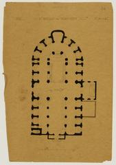 Architectural pencil and wash drawing of the Saint-Nicolas-du-Chardonnay church plan, including elevation and sections, created by Lèbe-Sigun in 1861
