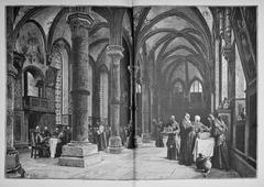Summer refectory in Maulbronn Monastery with wooden tables and benches, detailed historical interior