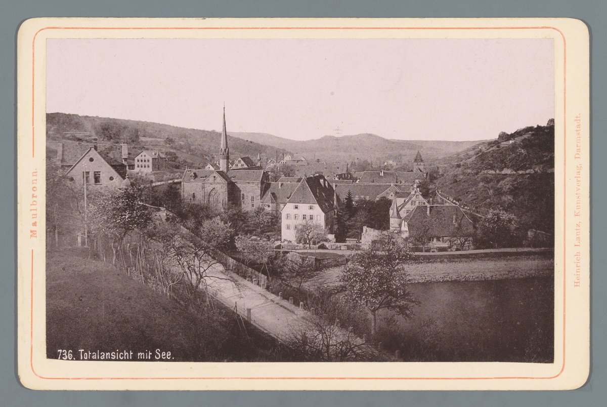 Panoramic vintage city view of Maulbronn with lake, circa 1895-1900 photomechanical print