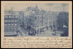Corner of Amstelstraat and Rembrandtplein in Amsterdam circa 1898 with vintage street scene and buildings