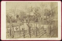Historical photograph of Rembrandtplein Park in Amsterdam with the Rembrandt statue in the center, surrounded by buildings and street views from 1887