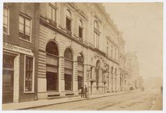 Amstelstraat in Amsterdam looking northwest towards Rembrandtplein with historic buildings including the Nederlandsch Panopticum circa 1882