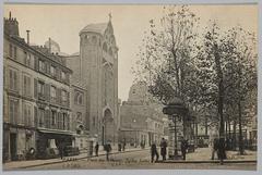 Vintage postcard of Place des Abbesses in Montmartre showing Saint-Pierre Church and people near a Morris column