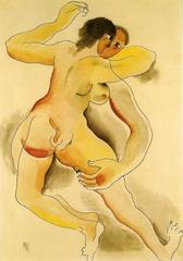 Abstract surrealist painting by Ismael Nery featuring intertwined human figures and vibrant colors