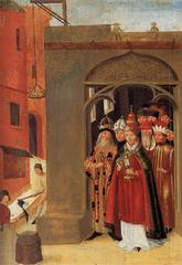 Weingartener Heilig-Blut-Tafel from 1489 showing the Holy Blood relic in the newly built St. Andrew's Church in Mantua with relic division on the left