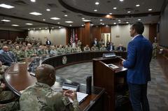 Secretary of Defense Pete Hegseth speaking to U.S. service members at MacDill Air Force Base Florida May 6 2025