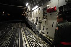U.S. Air Force Chief Master Sgt. D.J. Dibibar lowering ramp of C-17 Globemaster III aircraft for Haiti earthquake relief supplies