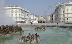 Hochstrahlbrunnen fountain in Vienna with water jet against clear blue sky