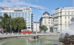 Hochstrahlbrunnen fountain in Vienna with water jets and surrounding park