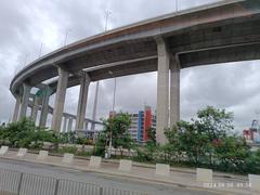Stonecutters Island container port road south with Stonecutters Bridge and Tsing Sha Highway flyover in Hong Kong in June 2024