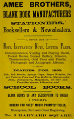1885 advertisement for Amee Stationer in Cambridge Massachusetts
