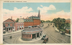 Vintage postcard of Harvard Square in the 1920s with historic buildings and streetcars