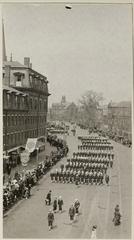 Students marching through Harvard Square during the 1918 Liberty Loan Parade
