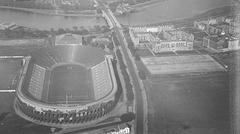 Aerial view of Harvard Stadium in 1929 showing the classic football field and surrounding stands