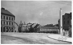Postcard showing French Revolution Square in Ljubljana with historic buildings and tram tracks