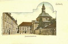 View of Križanke complex in Ljubljana with church and historical buildings