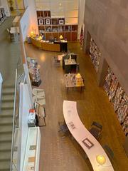 Interior view of the Library of the Japanese American National Museum in Los Angeles with bookshelves and reading areas