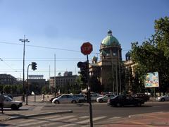 Parliament building and Trade Union Square in Belgrade city