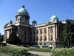 Front view of the Parliament or Federal Assembly building in Belgrade with clear blue sky