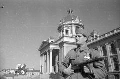 Yugoslav military personnel standing near the Assembly building in Belgrade, October 1944