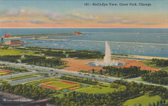 Aerial view of Grand Park in Chicago with city buildings in the background