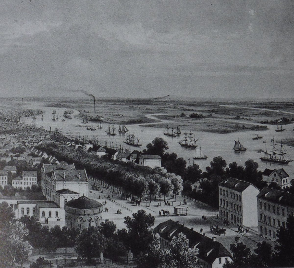 Historic view of Altona in Hamburg, Germany around 1860 with railway and Christianskirche church