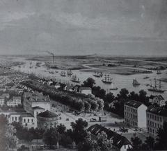 Historic view of Altona in Hamburg, Germany around 1860 with railway and Christianskirche church