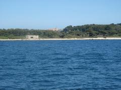 Blockhaus near the Dragoon cape with Fort Royal in the background on Sainte-Marguerite island, Alpes-Maritimes, France