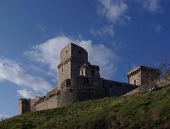 Black and white photo of Rocca Maggiore fortress in Assisi