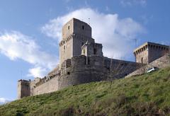Black and white photo of Rocca Maggiore fortress in Assisi