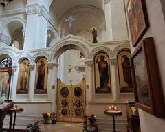 Church of Our Lady of Damascus exterior with traditional architecture and blue dome
