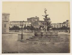 19th century urban landscape of Palermo, Italy showing Fontana del Garraffo and Palazzo del Tribunale architecture