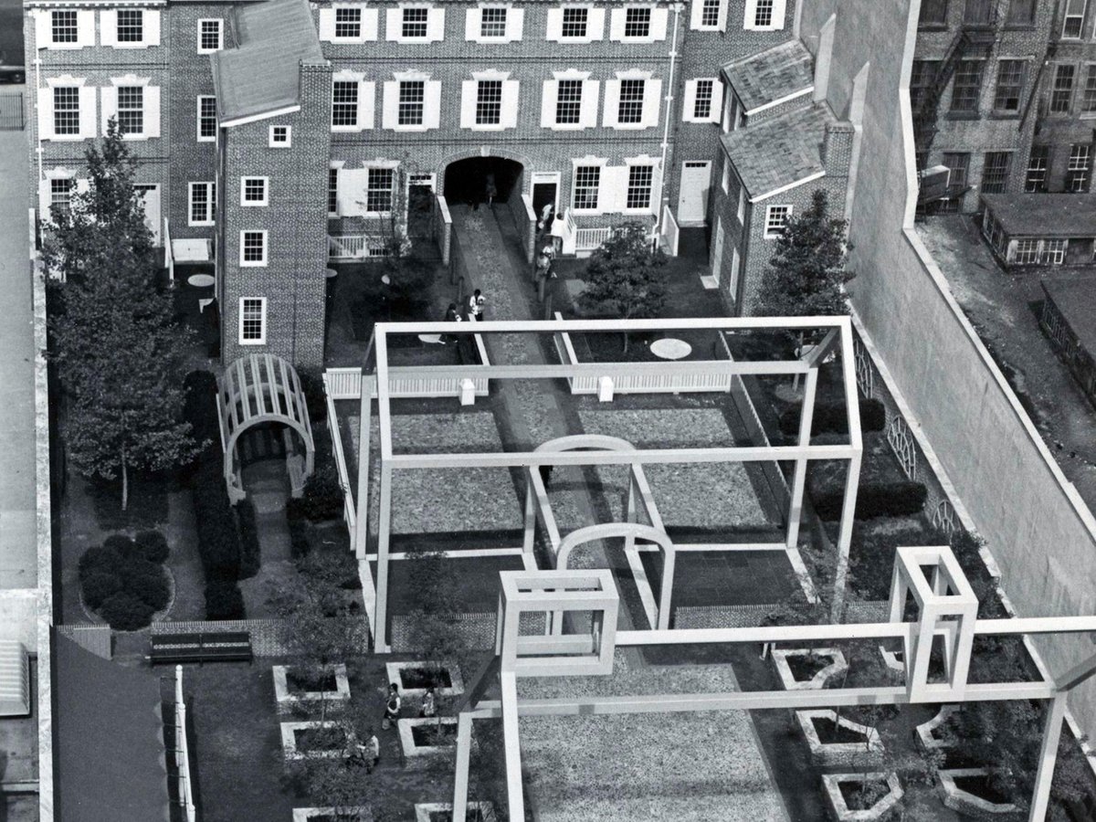 Aerial view of Franklin Court's ghost structures from 1980