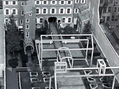 Aerial view of Franklin Court's ghost structures from 1980