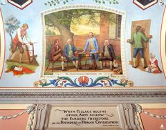 Mural depicting the Constitutional Convention of 1787 with delegates Alexander Hamilton, James Wilson, James Madison, and Benjamin Franklin in Benjamin Franklin's garden