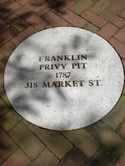 Historic Franklin Court in Philadelphia with cobblestone courtyard and colonial buildings under blue sky