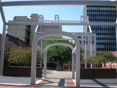 Franklin Court historical site with modern structures and courtyard