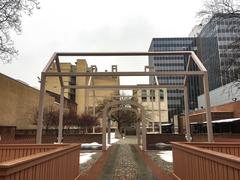 Metal frame of a house in the courtyard of Benjamin Franklin Court at Independence National Historical Park during winter in Pennsylvania