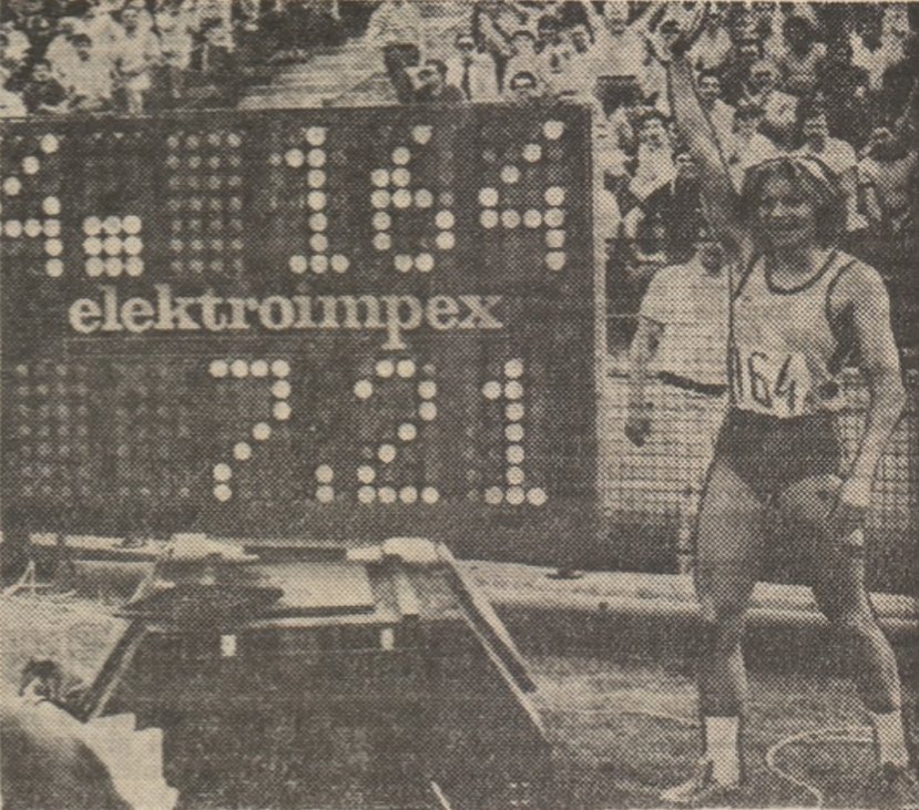 Anișoara Cușmir setting a new world record long jump of 7.21 meters at the România-Bulgaria-R.S.F.S. Rusă triangular football event on Stadionul '23 august' in 1983