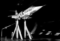 3/4 front view from below of Lockheed F-104 Starfighter in wind tunnel