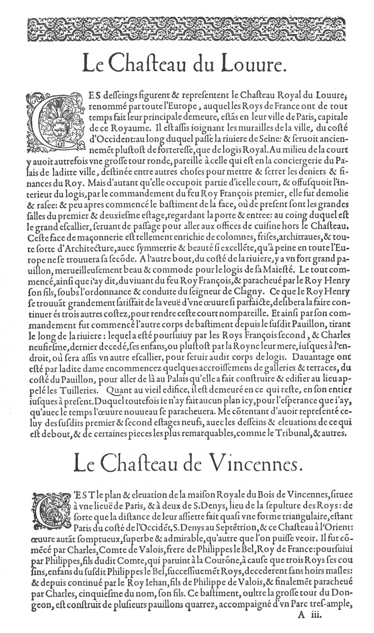 Page of historical text discussing Château du Louvre and Château de Vincennes from Le premier volume des plus excellents Bastiments de France by Jacques I Androuet du Cerceau