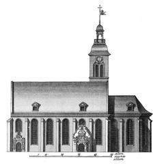 Historical illustration of Helligåndskirken church from Hafnia Hodierna, 1748