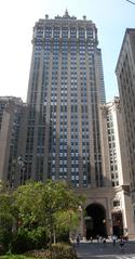 Sunny morning view looking south along Park Avenue at New York Central Building from 47th Street