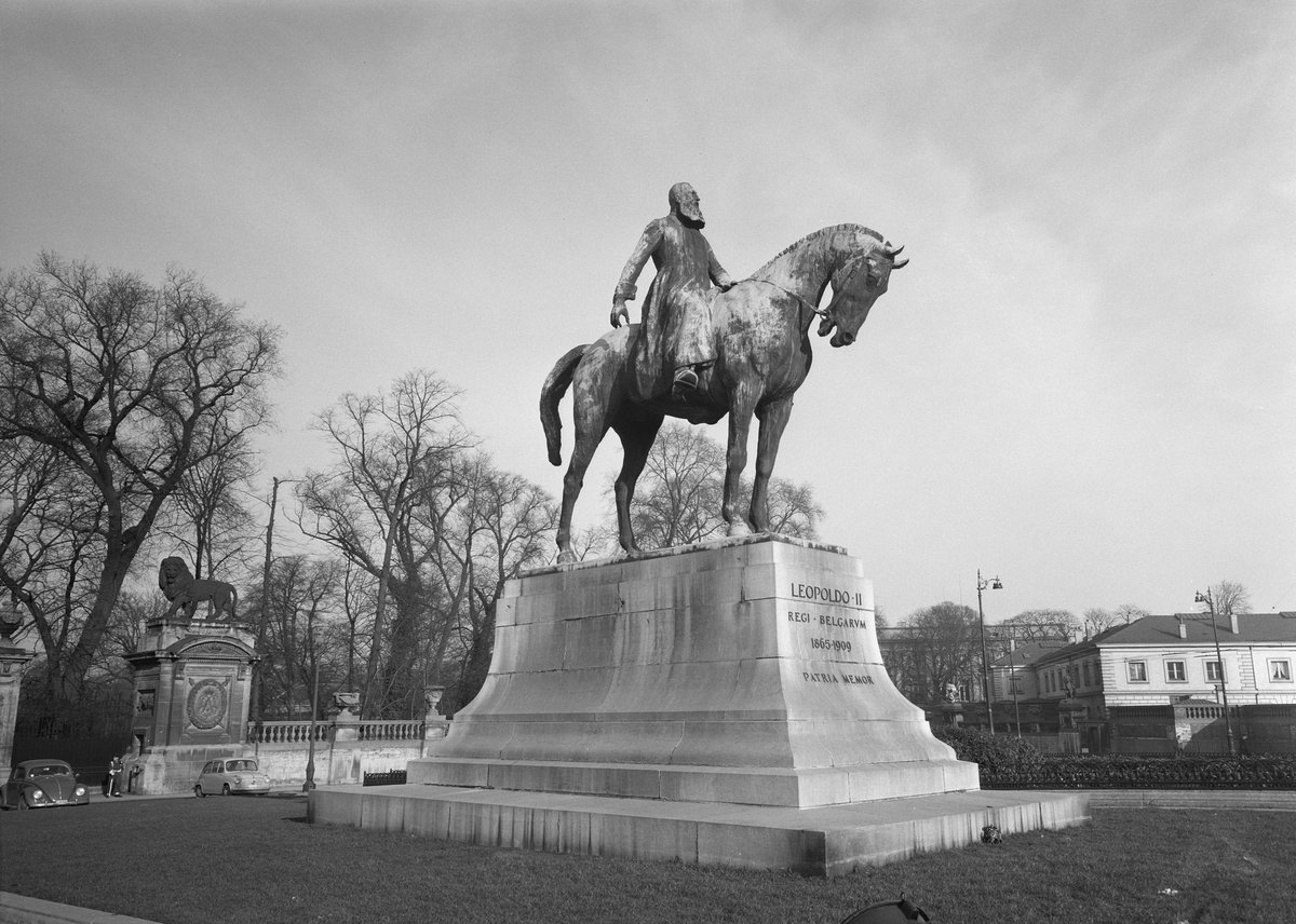Statues in front of the Royal Palace in Brussels with King Leopold of Belgium reference January 1957 black and white photo