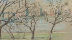 Drawing of tree branches with small green leaves, a river and cityscape in the background