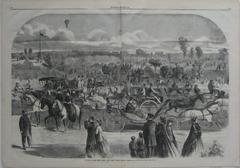 1865 hand-colored wood engraving of Central Park's Grand Drive in New York City showing Victorian visitors walking and riding along the serpentine road with the city skyline and balloon in background