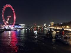Night view of the River Thames upstream from the Golden Jubilee Bridge with illuminated cityscape