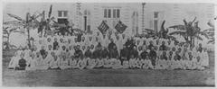 Group photo of all teachers, students and guests including Zhang Jian and Li Pingshu at Aurora Academy in 1906 in front of Xujiahui Observatory